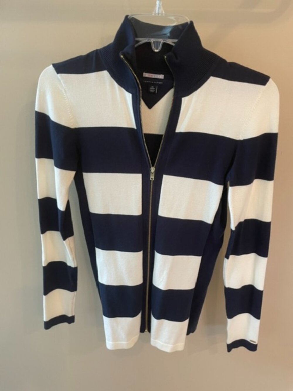 Women's Tommy Hilfiger zip up cardigan in Navy and Ivory with stand up collar